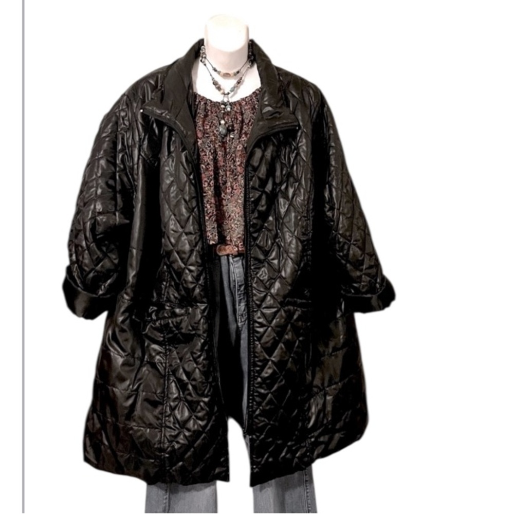 Black Quilted Woman’s Lightweight Puffer Mid Length Funnel Neck Coat Jacket  2X